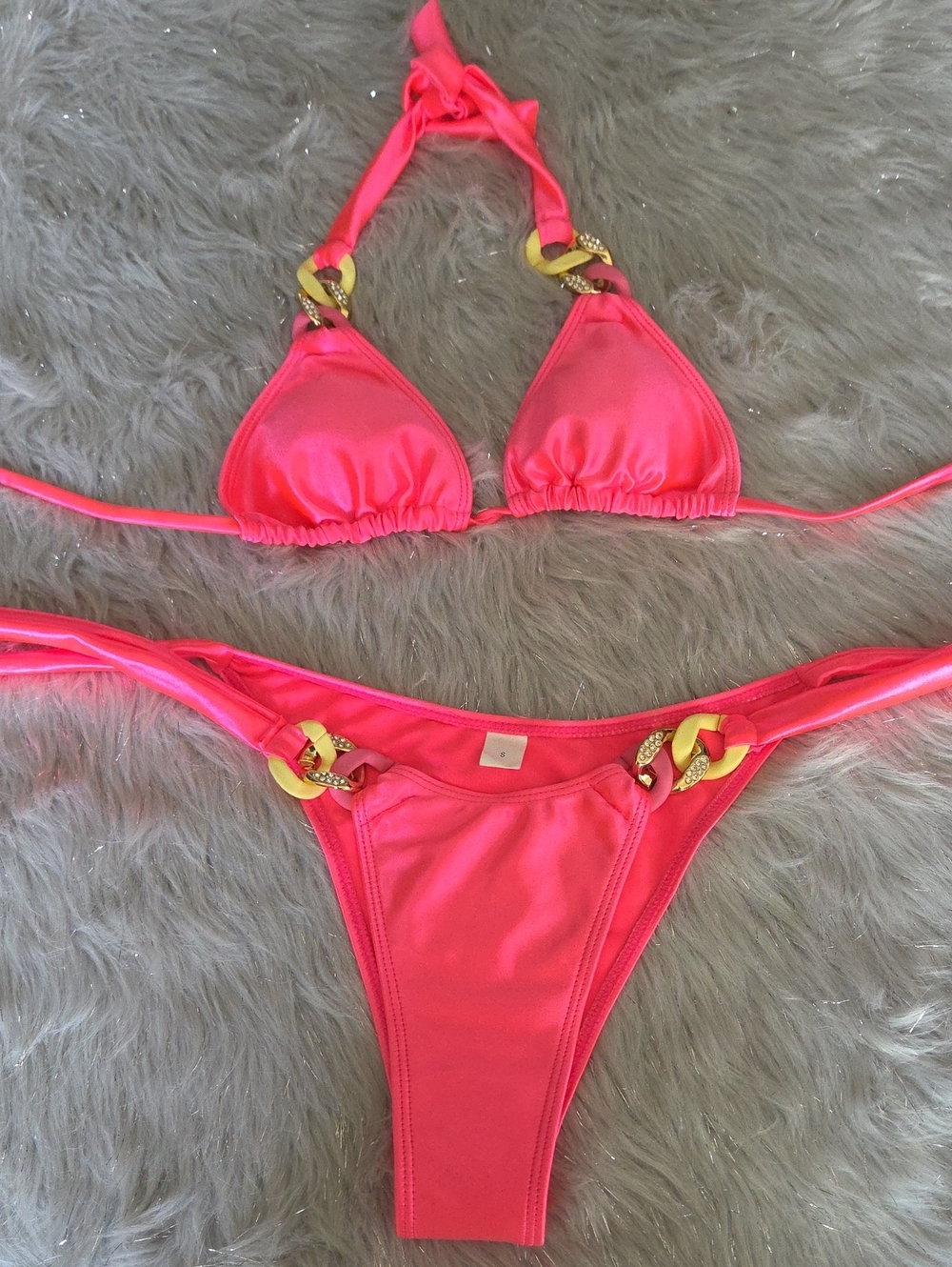 Neon Pink/coral Triangle Bikini Set with Gold Accent